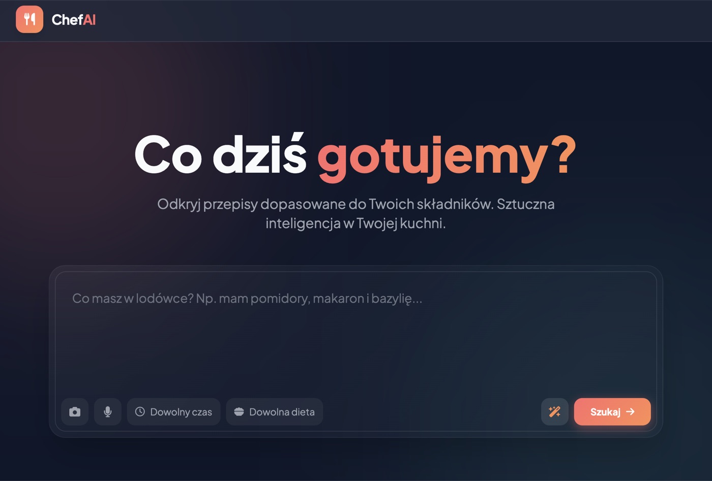 ChefAI - ekran wyszukiwania: tekst, zdjęcia, głos